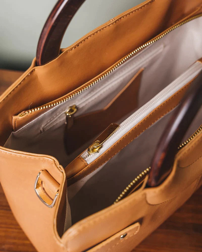 Sac à main caramel avec ances en cercle en cuir vegan pour femme